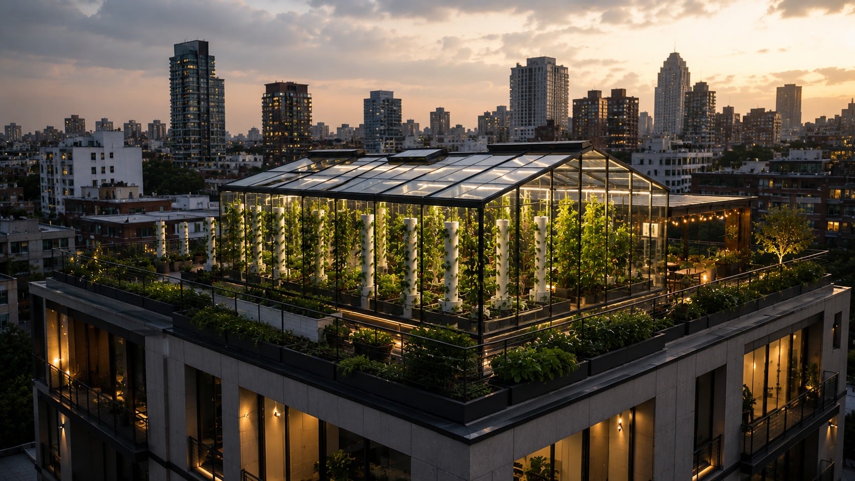 Rooftop hydroponic greenhouse with vertical grow towers beneath a city skyline at night