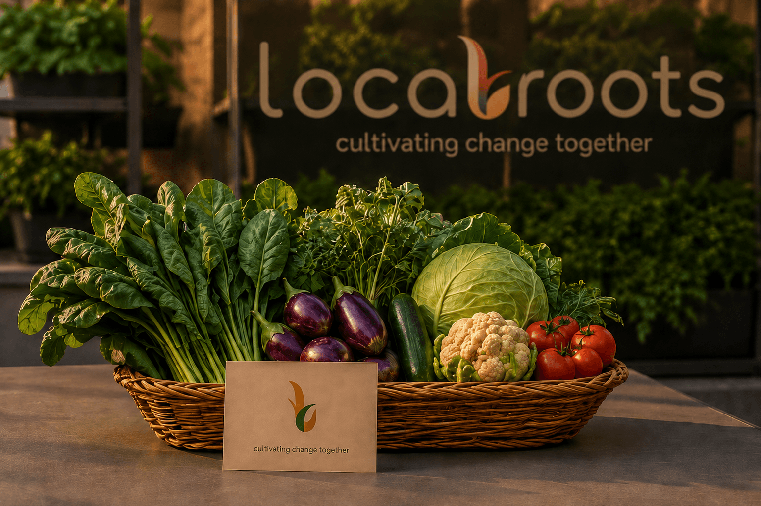 A wicker basket of fresh vegetables in front of an illuminated Locaroots logo backdrop