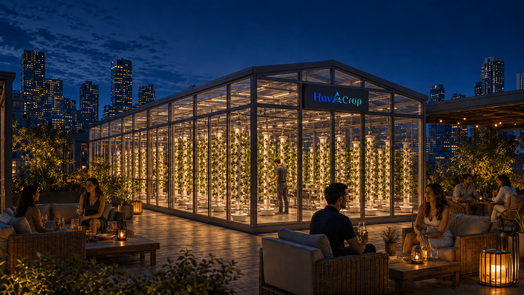 A rooftop lounge at night, residents socializing beside a glowing Havacrop greenhouse with a city skyline behind