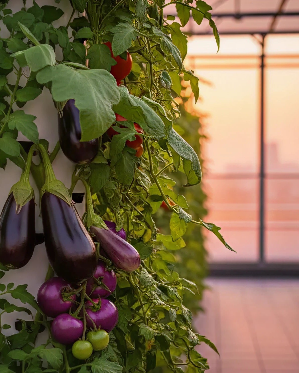 Aubergine growing on a rooftop hydroponic tower with the city skyline at sunset